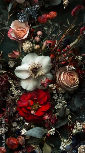 Close Up of a Stunning Floral Arrangement with Red, White, and Pink Roses