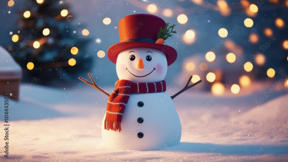 Cute snowman, top hat, carrot nose, stick arms, snowy background, twinkling lights, bokeh effect, festive atmosphere, winter scene, cheerful expression, holiday mood, soft lighting, cozy ambiance, det Cute snowman, top hat, carrot nose, stick arms, snowy background, twinkling lights, bokeh effect, festive atmosphere, winter scene, cheerful expression, holiday mood, soft lighting, cozy ambiance, det