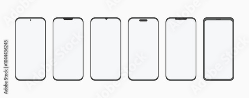 Realistic smartphone mockup. Mobile phone vector with isolated on white background. Set of different types of mobile screen. Punch hole, waterdrop display. Smartphone outline vector