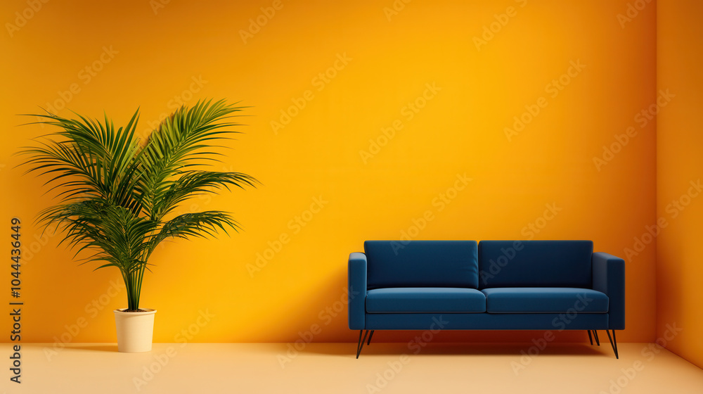 stylish room featuring blue sofa against vibrant yellow wall, complemented by lush green plant in pot, creating cheerful and modern atmosphere stylish room featuring blue sofa against vibrant yellow wall, complemented by lush green plant in pot, creating cheerful and modern atmosphere