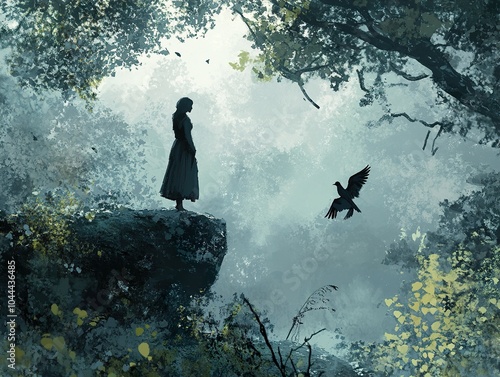 Woman and Bird in a Misty Forest: A Digital Painting