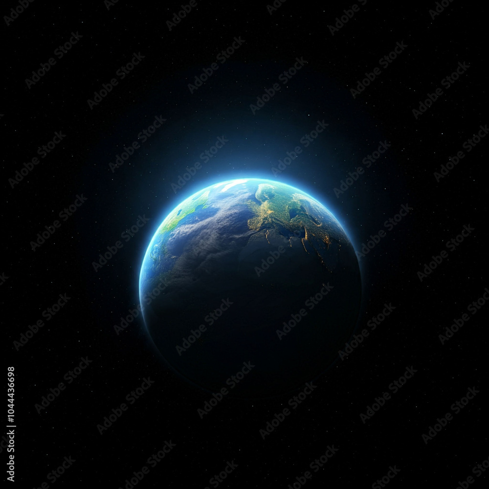 Fototapeta premium A blue world floating in a vast universe full of stars, illuminated by warm sunlight.