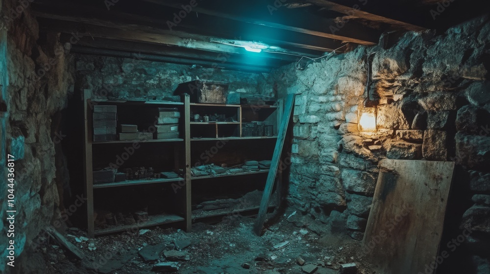 A dimly lit, abandoned basement with shelves, debris, and a stone wall. A dimly lit, abandoned basement with shelves, debris, and a stone wall.