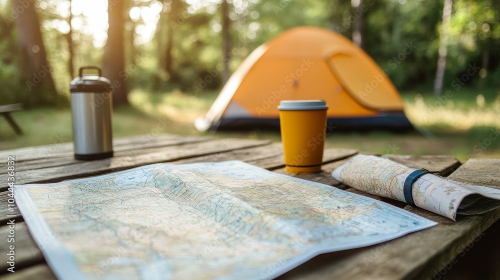 A close-up of a camping scene featuring a map, a coffee cup, and a tent in a serene, wooded environment. A close-up of a camping scene featuring a map, a coffee cup, and a tent in a serene, wooded environment.