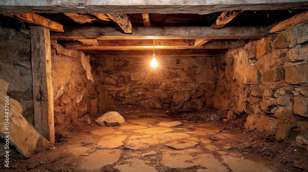 A Single Lightbulb Illuminates a Stone and Wooden Basement A Single Lightbulb Illuminates a Stone and Wooden Basement