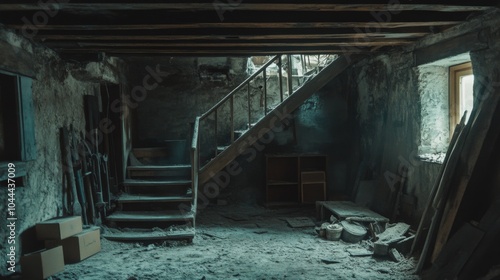 Dusty and Abandoned Basement with Wooden Staircase and Window