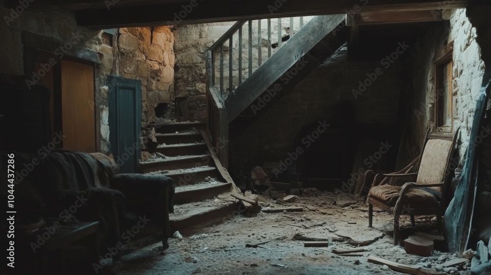 A Crumbling Interior With a Wooden Chair and Staircase A Crumbling Interior With a Wooden Chair and Staircase