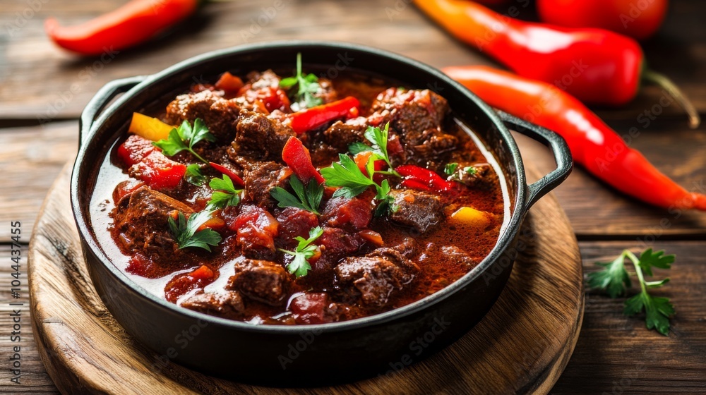Goulash with Paprika and Herbs on Wooden Table Goulash with Paprika and Herbs on Wooden Table