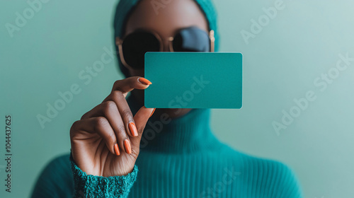 Close-up of a hand in a green sweater holding a blank card against a green background, perfect for business or branding visuals.