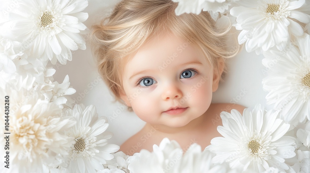 Little Angel Peeking Through White Flowers Little Angel Peeking Through White Flowers