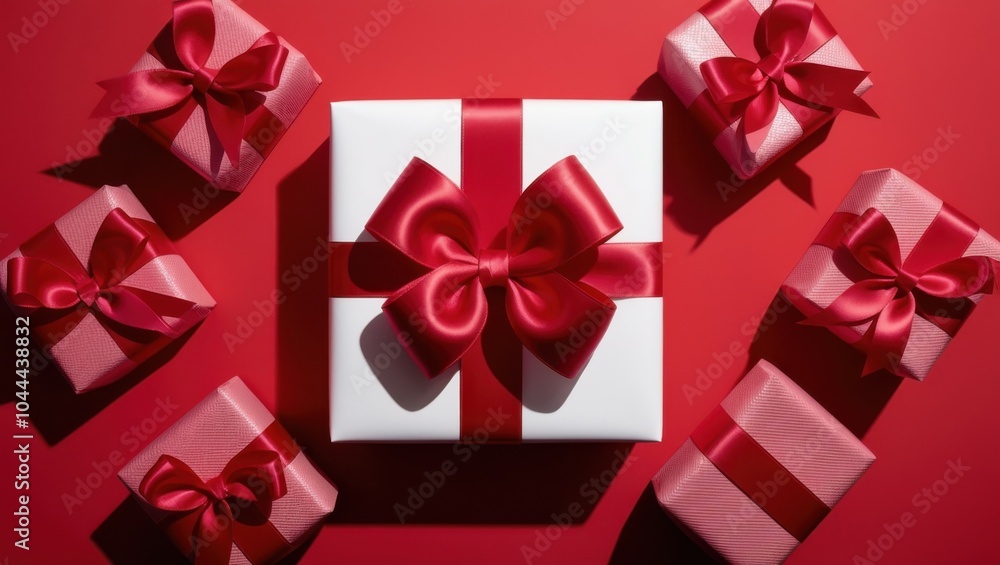 Holiday gifts, red ribbons and bows, white and red wrapping paper, heart decorations, Valentine's Day theme, festive flatlay, overhead view, high contrast, crisp details, soft lighting, romantic atmos Holiday gifts, red ribbons and bows, white and red wrapping paper, heart decorations, Valentine's Day theme, festive flatlay, overhead view, high contrast, crisp details, soft lighting, romantic atmos