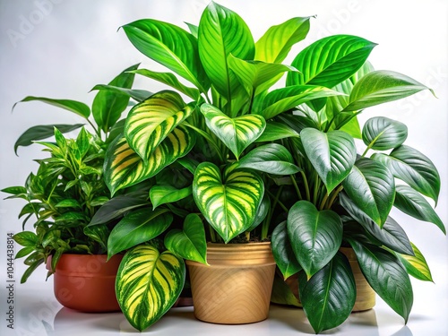 Rich green foliage from houseplants stands out beautifully on a clean white background, creating a fresh tropical vibe perfect for brightening up interiors.