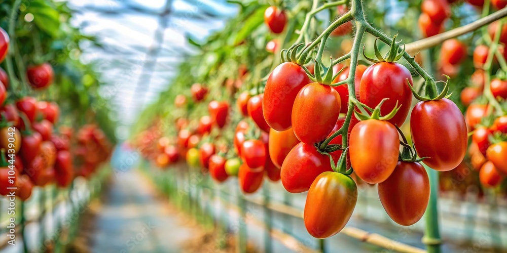 Ripe plum tomatoes hanging on vine in greenhouse Ripe plum tomatoes hanging on vine in greenhouse