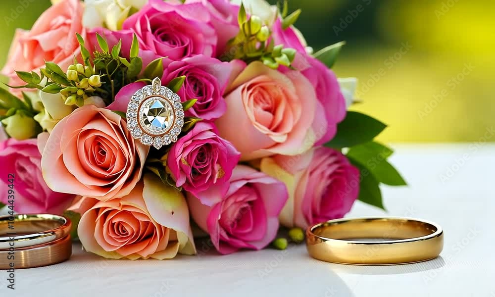 A bouquet of pink roses with wedding rings, symbolizing love and celebration. A bouquet of pink roses with wedding rings, symbolizing love and celebration.