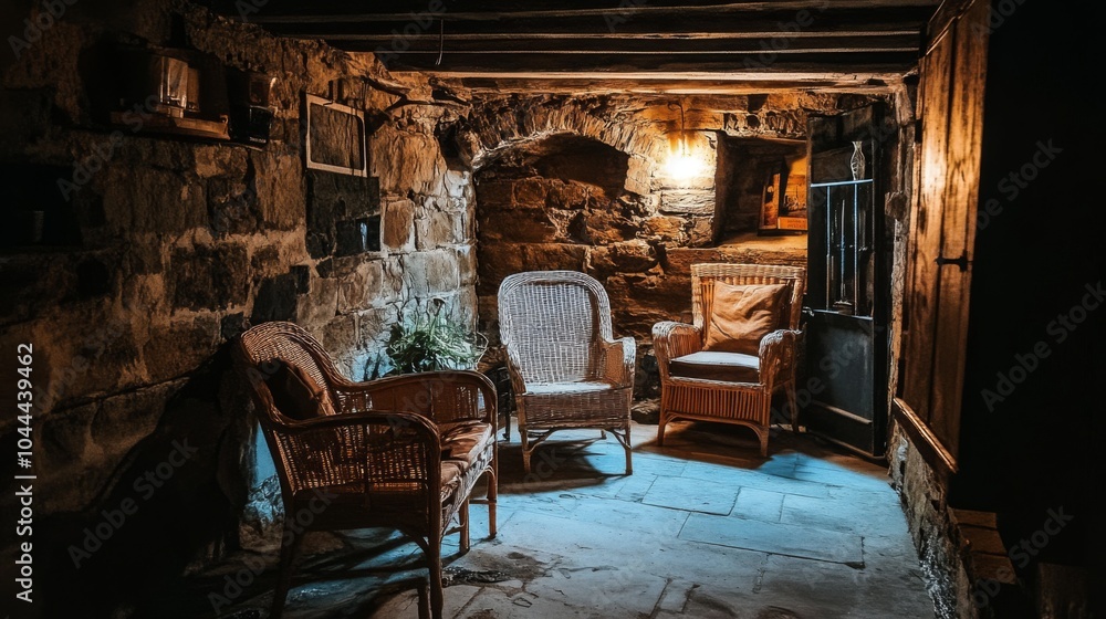 Rustic Stone Basement with Wicker Chairs and Wooden Door Rustic Stone Basement with Wicker Chairs and Wooden Door