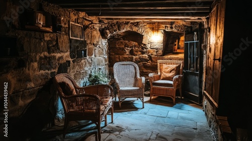 Wallpaper Mural Rustic Stone Basement with Wicker Chairs and Wooden Door Torontodigital.ca