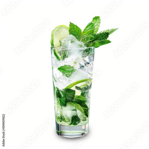 A refreshing Mojito cocktail with muddled mint leaves and a lime wedge, served in a tall glass filled with crushed ice, the drink sparkling with bubbles photo