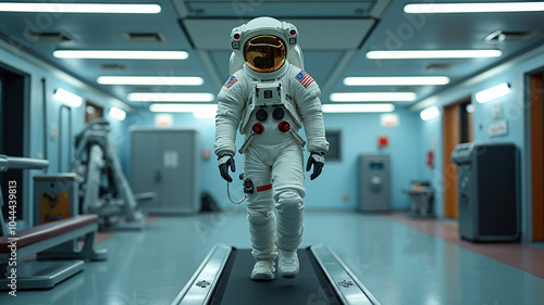 Astronaut Running on a Treadmill in a Spaceship Gym, Space Suit Fitness Routine Concept.