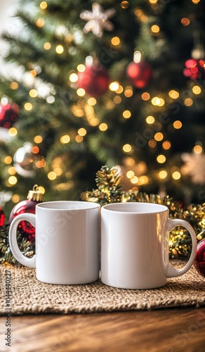 A cozy holiday mockup featuring a pair of white mugs nestled in front of a sparkling Christmas tree and vibrant ornaments