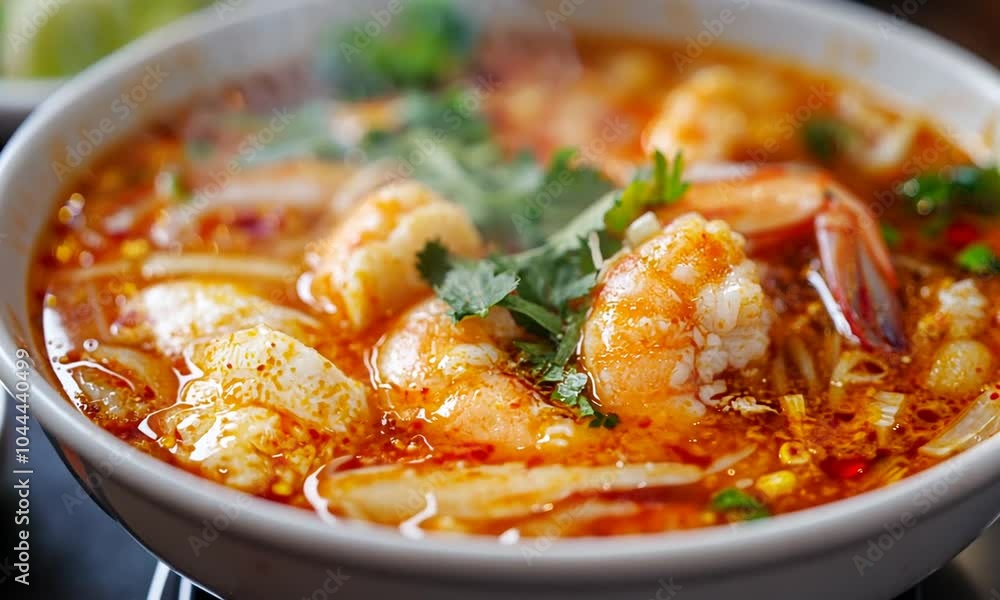 A bowl of spicy shrimp soup garnished with herbs, showcasing vibrant colors and textures. A bowl of spicy shrimp soup garnished with herbs, showcasing vibrant colors and textures.