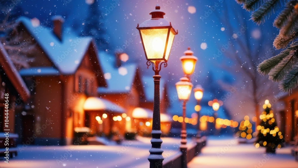 Obraz premium Winter village scene, snowy evening, glowing street lamp, cozy houses, warm lights, festive atmosphere, bokeh effect, twilight sky, Christmas decorations, quaint architecture, magical ambiance, soft f