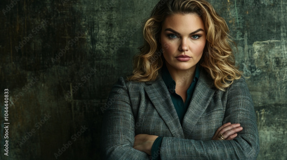 Fototapeta premium Portrait of a Woman with Blonde Hair and a Grey Blazer