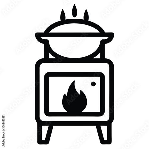 An black outline illustration of a stove with a fire inside on white background