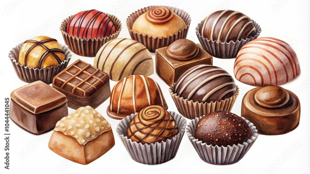 Watercolor painting of a variety of chocolates on a plain background, watercolor, painting, chocolates, sweet, treats Watercolor painting of a variety of chocolates on a plain background, watercolor, painting, chocolates, sweet, treats