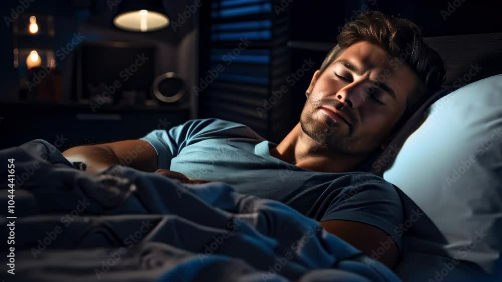 A man peacefully sleeping in a darkened bedroom during nighttime hours A man peacefully sleeping in a darkened bedroom during nighttime hours