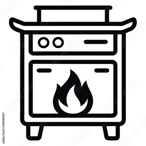 An black outline illustration of a stove with a fire inside on white background