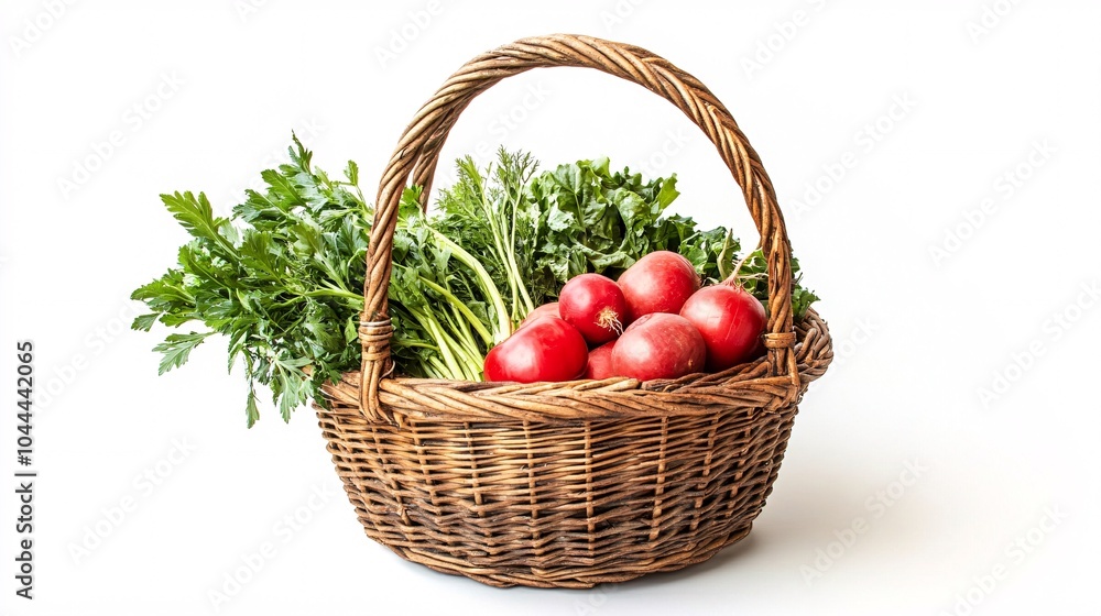 A basket filled with fresh ripe vegetables arranged isolated on white A basket filled with fresh ripe vegetables arranged isolated on white