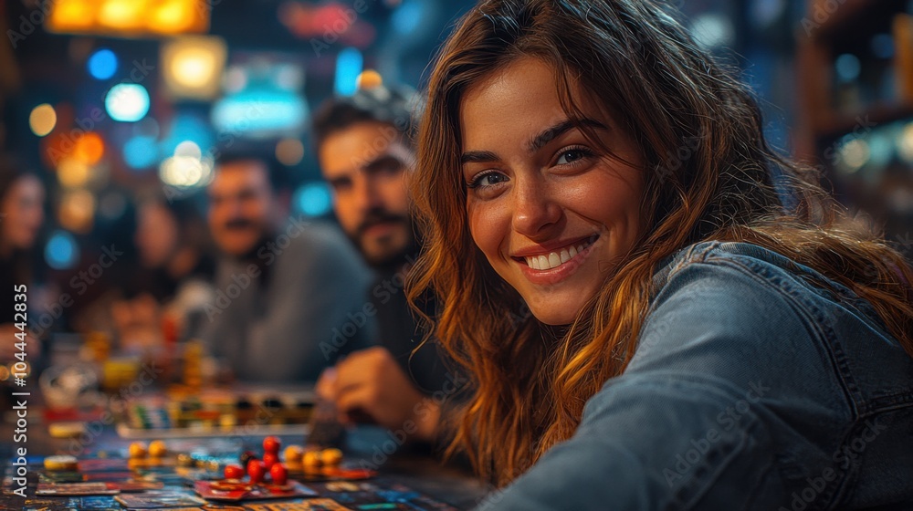 Fototapeta premium Group of friends enjoying a board game night. Featuring a lively scene with various board games and snacks. Emphasizing social interaction and entertainment. Ideal for leisure and gaming content.