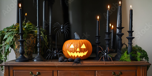 Spooky Halloween Decor with Pumpkin and Black Candles on Wooden Mantle photo