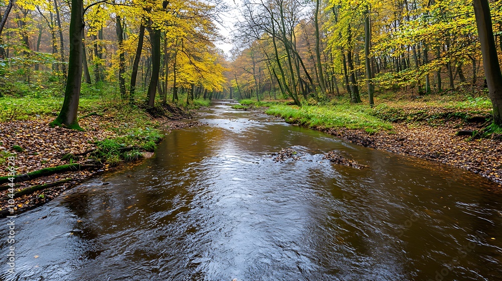 Obraz premium A serene river flowing through a vibrant autumn forest, surrounded by colorful leaves, rocks, and trees, creating a picturesque natural landscape