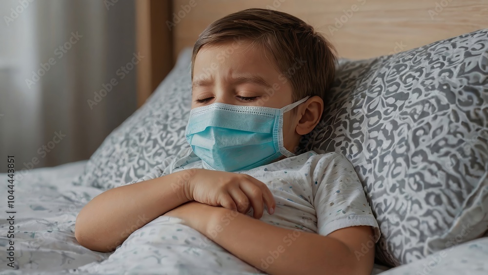 A poignant scene of a young life temporarily paused, masked and resting, COVID-19, 8K resolution A poignant scene of a young life temporarily paused, masked and resting, COVID-19, 8K resolution