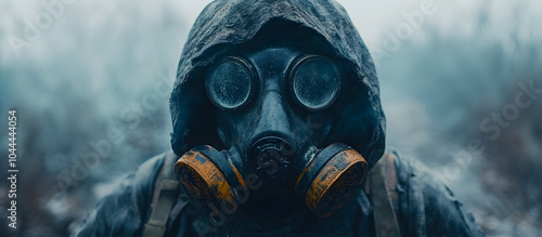 A man in a hazmat suit with a gas mask on his face
