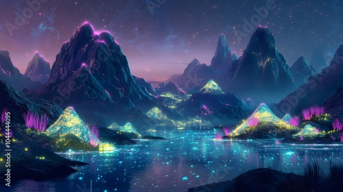 A surreal landscape where mountains glow with bioluminescent flora and fantastical creatures roam freely photo