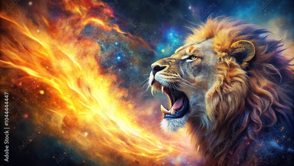 Roaring lion with cosmic fire effect abstract wallpaper Macro Roaring lion with cosmic fire effect abstract wallpaper Macro