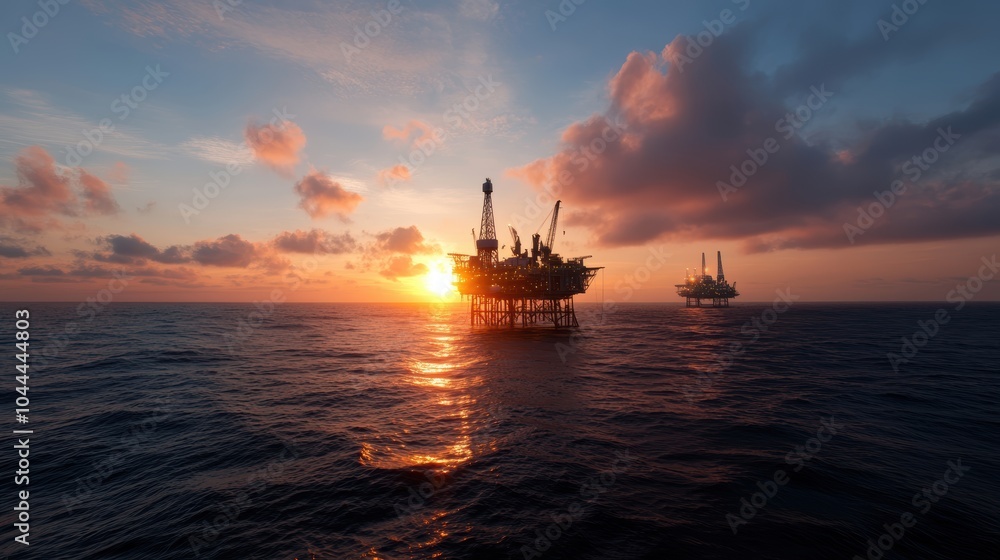 Fototapeta premium An offshore oil rig stands majestically against a colorful sunset, highlighting the blend of nature and industry. The tranquil ocean reflects the vibrant sky, creating a harmonious view.