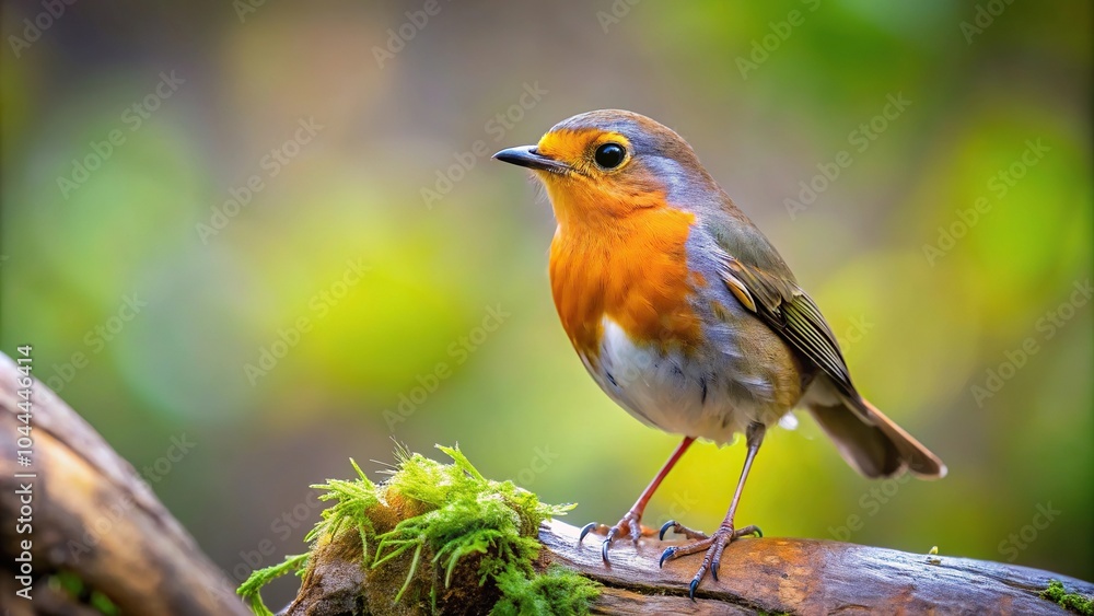Robin bird sitting on a fallen tree in the wild forest Robin bird sitting on a fallen tree in the wild forest