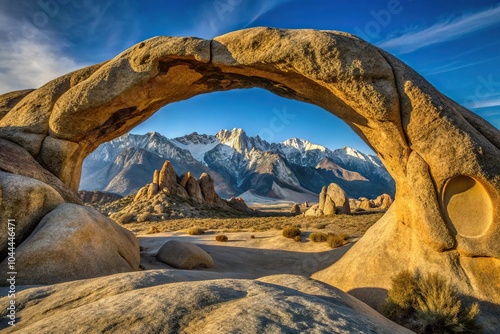 Rock arch formation in the Alabama Hills with Mt Whitney in the background