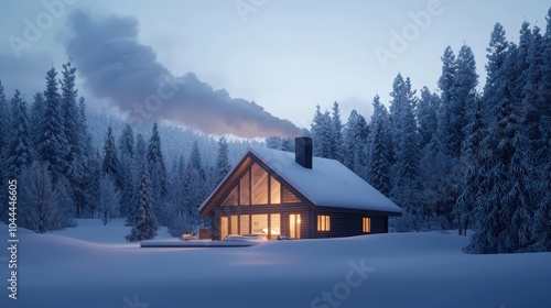 Cozy winter cabin surrounded by snow-covered trees