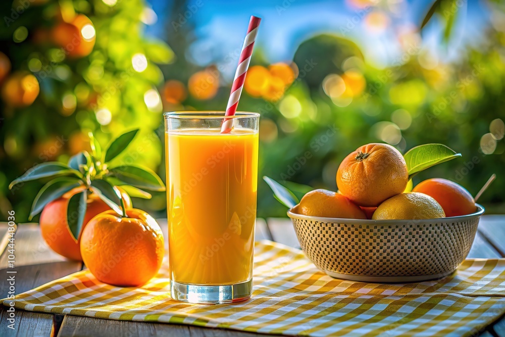 Under the warm sun, a tall glass brimming with freshly squeezed orange juice rests on a vibrant table, complete with a straw for delightful sipping. Under the warm sun, a tall glass brimming with freshly squeezed orange juice rests on a vibrant table, complete with a straw for delightful sipping.