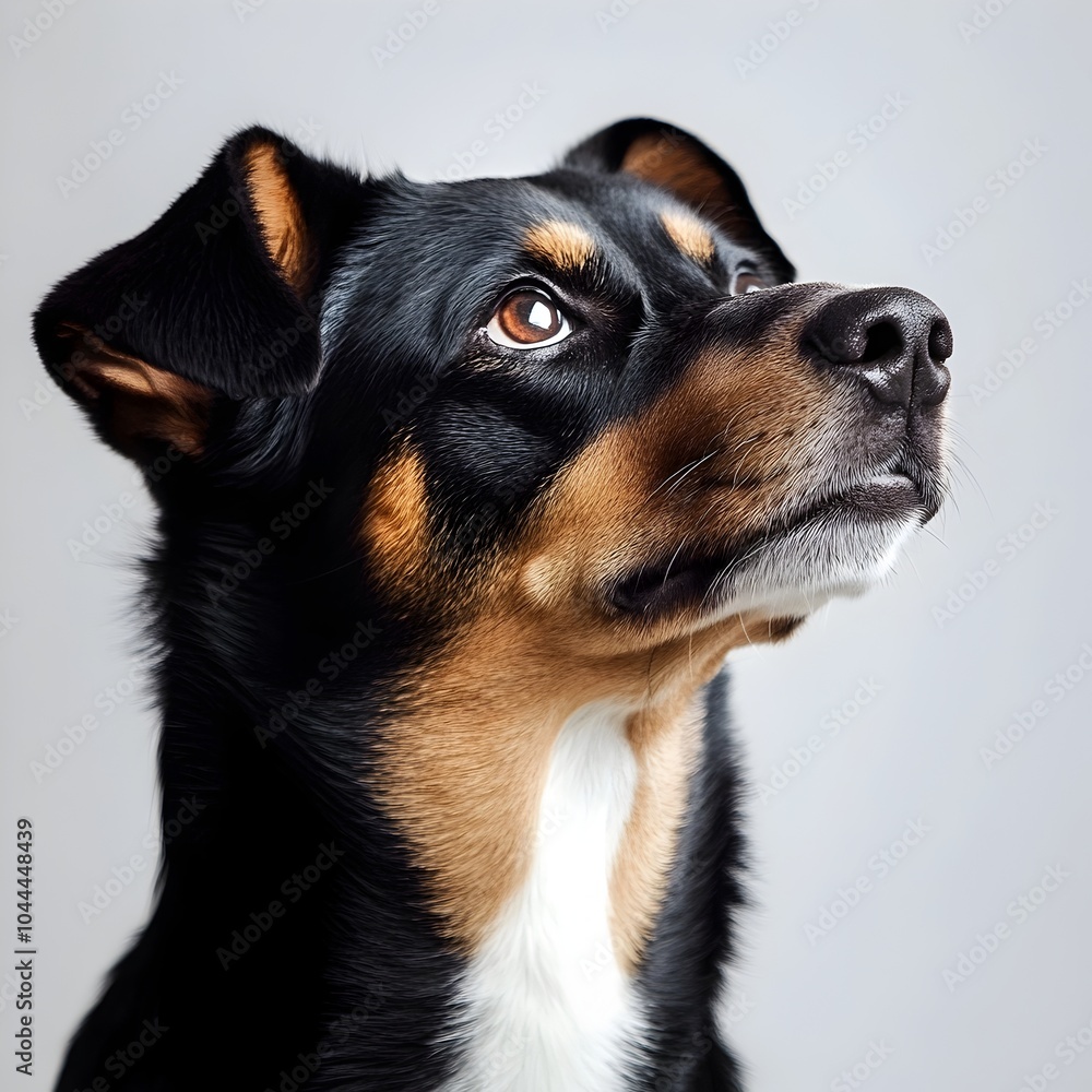 The focused expression of a curious alert and friendly canine companion against a plain white backdrop long title The focused expression of a The focused expression of a curious alert and friendly canine companion against a plain white backdrop long title The focused expression of a