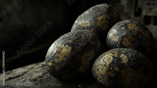 Close-up of Moldy Potatoes on a Dark Surface