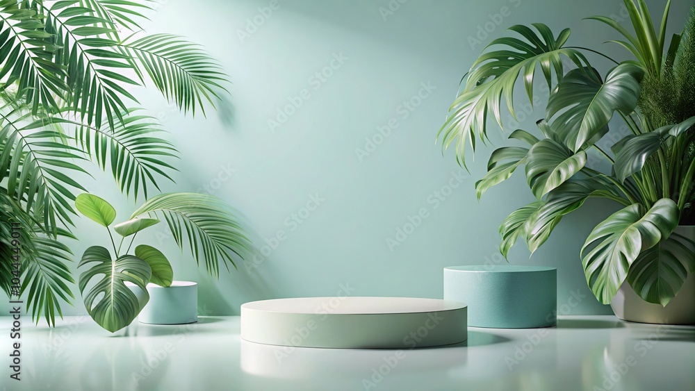 Serene still life scene with podium and tropical leaves in soft green blue pastel palette Serene still life scene with podium and tropical leaves in soft green blue pastel palette