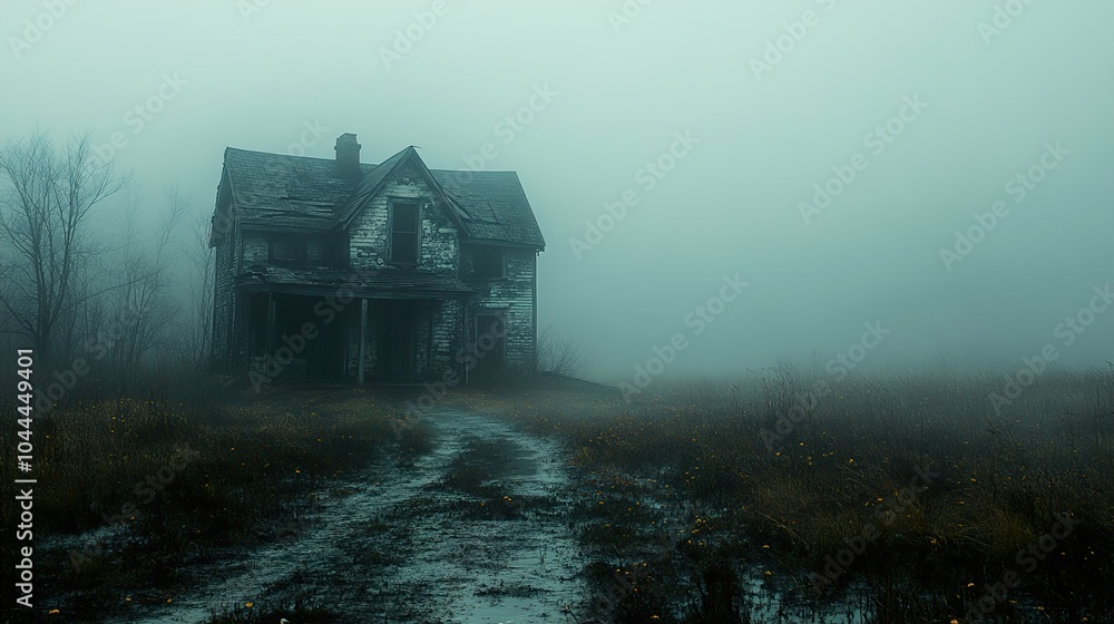 Eerie Abandoned House in Foggy Field Eerie Abandoned House in Foggy Field