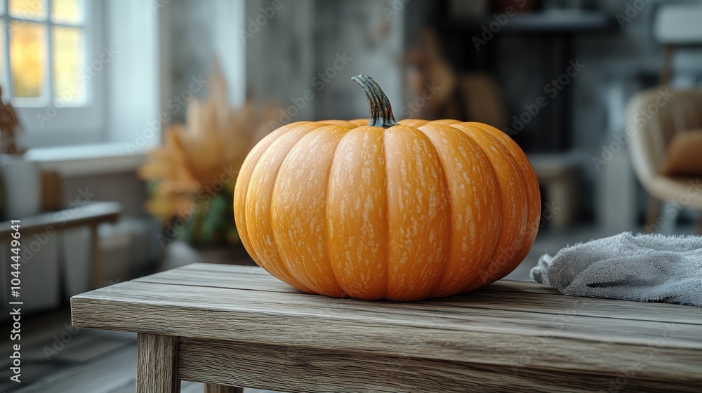 A vibrant pumpkin on a wooden table in a cozy indoor setting. A vibrant pumpkin on a wooden table in a cozy indoor setting.