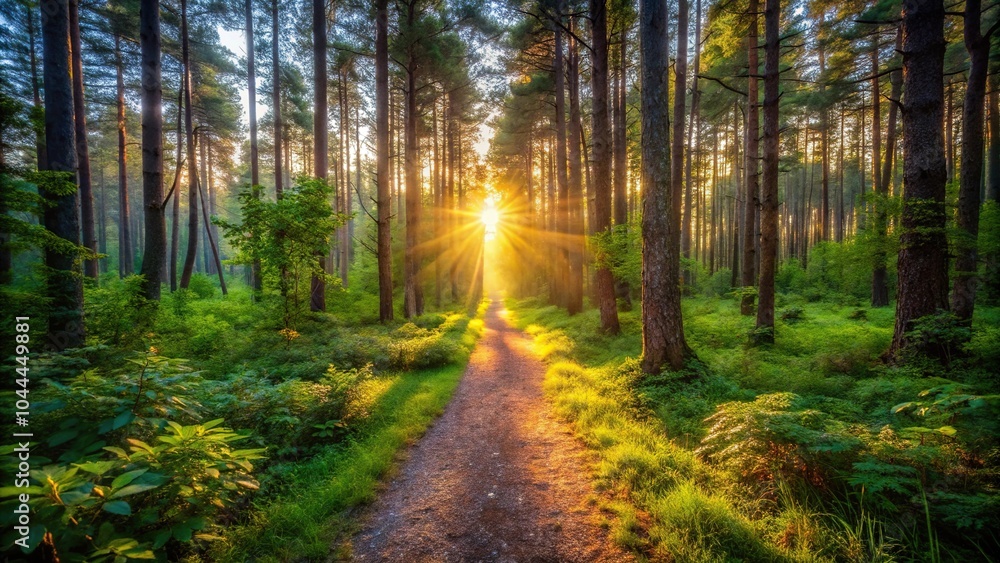 Obraz premium Serene sunrise hike through lush forest trail illuminated by first light of dawn wide-angle