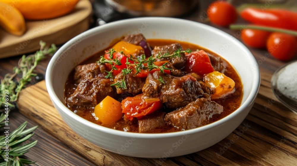 Traditional Goulash in Artistic Presentation on Wooden Table Traditional Goulash in Artistic Presentation on Wooden Table